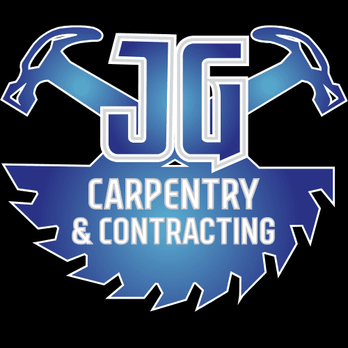 JG Carpentry & Contracting logo featuring bold blue lettering, crossed hammers, and a saw blade design.