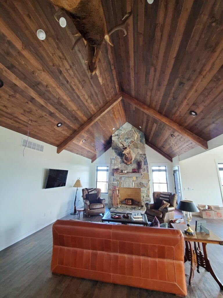 Custom wood ceiling with custom beam work and vaulted ceiling in remodel by JG Carpentry in Spearfish, SD.